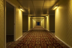 Masterpiece-quality, 4K RAW image of a photorealistic HDR scene. In a dimly lit, level-0 tutorial room, fluorescent lights hum above, casting an eerie glow on patterned walls and long corridors that seem to stretch into infinity. Yellow-walled backrooms create a liminal space, where carpeted floors whisper secrets beneath the hum of machinery. Capture the essence of this sterile environment with precise detail and photorealistic accuracy. backrooms, liminal space
