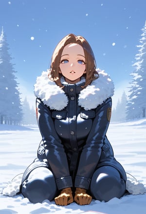 1girl, mature female, coat, fur trim, gloves, jacket, jewelry, long sleeves, looking at viewer, on ground, parted lips, pocket, sitting, wariza, sketch, snow, snowing, solo, v arms, winter, best quality, amazing quality, very aesthetic, absurdres, hires, beautiful face, perfect eyes, depth of field, score_9, score_8, score_7