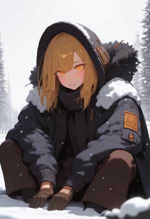 1girl, niji, blush, coat, fur trim, gloves, jacket, jewelry, long sleeves, looking at viewer, on ground, parted lips, pocket, sitting, wariza, sketch, snow, snowing, solo, v arms, winter, best quality, amazing quality, very aesthetic, absurdres, hires, beautiful face, perfect eyes, depth of field, score_9, score_8, score_7