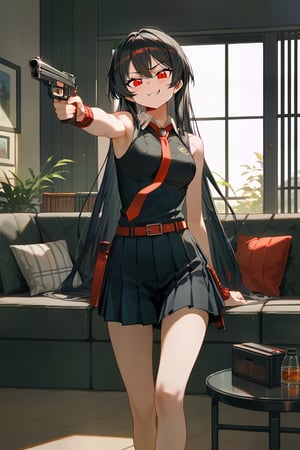 (score_9,score_8_up,score_7_up), wlop, 1girl, Akame, LONG HAIR, BLACK HAIR,BLACK DRESS, SLEEVELESS, PLEATED SKIRT,BLACK SHIRT, NECKTIE, RED BELT, standing, holding gun, aiming at viewer, handgun, living room, couch, window, indoor
