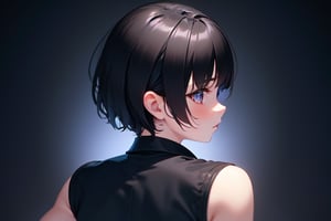 1girl, short hair, black hair, black shirt, upper body, simple background, [3D:7], masterpiece, best quality, highres, newest, very aesthetic