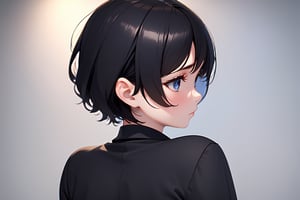 1girl, short hair, black hair, black shirt, upper body, from front, simple background, [3D:7], masterpiece, best quality, highres