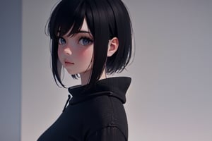 1girl, short hair, black hair, upper body, simple bacground, [3D:7], masterpiece, best quality, highres, newest, very aesthetic