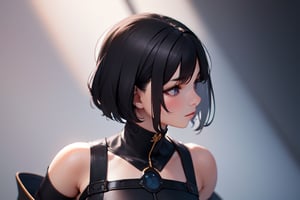 1girl, short hair, black hair, upper body, simple background, [3D:7], masterpiece, best quality, highres, newest, very aesthetic