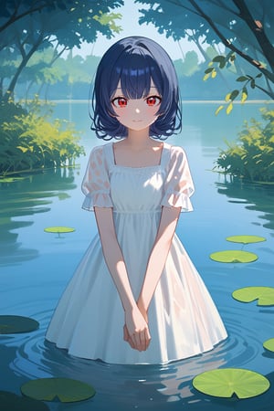 (score_9,score_8_up,score_7_up), morino rinze, 1girl, dark blue hair, medium hair, red eyes, face focus, dress, sundress, short sleeves, see-through sleeves, standing, outdoor, water, lake, trees, from front, partially submerged, chiaroscuro