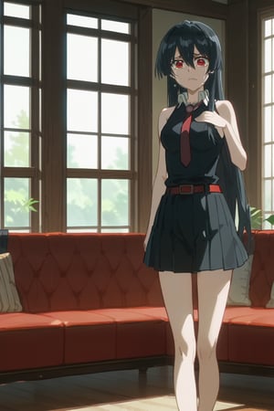 (score_9,score_8_up,score_7_up), TYBW, anime screencap, 1girl, Akame, LONG HAIR, BLACK HAIR,BLACK DRESS, SLEEVELESS, PLEATED SKIRT,BLACK SHIRT, NECKTIE, RED BELT, standing, living room, couch, window, indoor