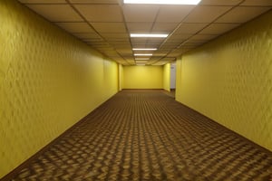 (masterpiece, best quality, 4k),(RAW photo, photorealistic),(hdr), level-0, Tutorial Level, fluorescent lighting on ceiling, patterned walls, long corridoors, indoors, yellow walls,carpeted floors, backroom, liminal space