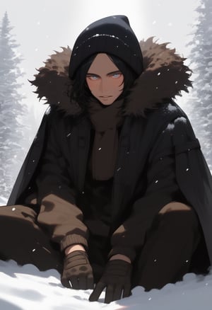 1boy, mature male, niji, blush, coat, fur trim, gloves, jacket, jewelry, long sleeves, looking at viewer, on ground, parted lips, pocket, sitting, wariza, sketch, snow, snowing, solo, v arms, winter, best quality, amazing quality, very aesthetic, absurdres, hires, beautiful face, perfect eyes, depth of field, score_9, score_8, score_7