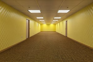 (masterpiece, best quality, 4k),(RAW photo, photorealistic),(hdr), level-0, Tutorial Level, fluorescent lighting on ceiling, patterned walls, long corridoors, indoors, yellow walls,carpeted floors, backroom, liminal space