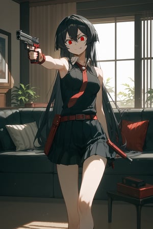 (score_9,score_8_up,score_7_up), TYBW, 1girl, Akame, LONG HAIR, BLACK HAIR,BLACK DRESS, SLEEVELESS, PLEATED SKIRT,BLACK SHIRT, NECKTIE, RED BELT, standing, holding gun, aiming at viewer, handgun, living room, couch, window, indoor