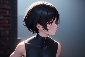 1girl, short hair, black hair, black shirt, upper body, simple background, [3D:7], masterpiece, best quality, highres, newest, very aesthetic