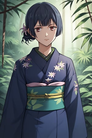 score_9, score_8_up, score_7_up, score_6_up, score_5_up, score_4_up, BREAK source_anime, 1girl, morino rinze, looking at viewer, single hair bun, hair flower, red eyes, blue kimono, floral print, long sleeves, outside, jungle, leaves,Jujutsu Kaisen Season 2 Anime Style