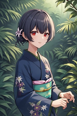 score_9, score_8_up, score_7_up, score_6_up, score_5_up, score_4_up, BREAK source_anime, 1girl, morino rinze, looking at viewer, single hair bun, hair flower, red eyes, blue kimono, floral print, long sleeves, outside, jungle, leaves