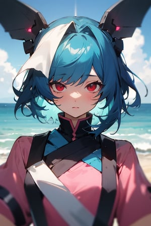 (masterpiece, best quality, ultra detailed), 1girl, medium hair, blue hair, red eyes, BREAK pink shirt, short sleeves, upper body, BREAK outside, sand, sea