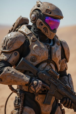 Ultra High quality image of an soldier in futuristic armor, he holds in his arms a futuristic firearm, desert camouflage armor, purple visor, desert background, full body, perfect image for Mobile wallpaper, 16K, UHD, ((masterpiece)), ((best quality)), full image size, ((greatest of all time))