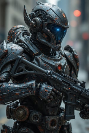 Ultra High quality image of an soldier in futuristic armor, he holds in his arms a futuristic firearm, perfect image for Mobile wallpaper, 16K, UHD, ((masterpiece)), ((best quality)), full image size, ((greatest of all time))