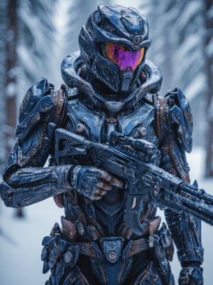 soldier in futuristic armor, he holds in his arms a futuristic firearm, snow camouflage armor, purple visor, cold and frost background, full body, perfect image for Mobile wallpaper, 16K, UHD, ((masterpiece)), ((best quality)), full image size, ((greatest of all time))