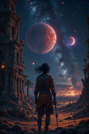 Ultra High quality image of an aborigine who lives on a desert planet looks at the starry sky in which there is also a big red moon and a smaller purple moon. On the desert planet there are old architectural structures that are ancient and half covered by sand, perfect image for Mobile wallpaper, 16K, UHD, ((masterpiece)), ((best quality)), full image size, ((greatest of all time))