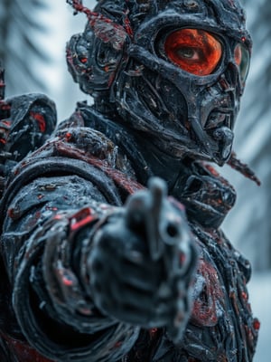 soldier in futuristic black armor, he holds in his arms a futuristic one hand pistol, snow camouflage armor, red and black armband, red visor, waeming system on armor, cold and frost background, full body, perfect image for Mobile wallpaper, 16K, UHD, ((masterpiece)), ((best quality)), full image size, ((greatest of all time))