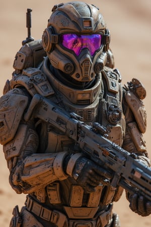 Ultra High quality image of an soldier in futuristic armor, he holds in his arms a futuristic firearm, desert camouflage armor, purple visor, desert background, perfect image for Mobile wallpaper, 16K, UHD, ((masterpiece)), ((best quality)), full image size, ((greatest of all time))