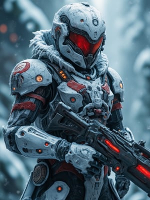 soldier in futuristic armor, he holds in his arms a futuristic pistol, snow camouflage armor, red and black armband, red visor, waeming system on armor, cold and frost background, full body, perfect image for Mobile wallpaper, 16K, UHD, ((masterpiece)), ((best quality)), full image size, ((greatest of all time))