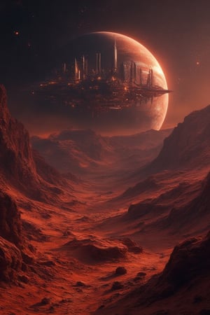 A stunning celestial view shows a vast desert planet, its rust-red terrain stretching towards the horizon. In the sky above, a futuristic space city orbits the planet, its sleek structures and towering spires reflecting the crimson hues of the desert floor. The city's lights twinkle like diamonds against the inky blackness, casting a warm glow on the distant dunes.