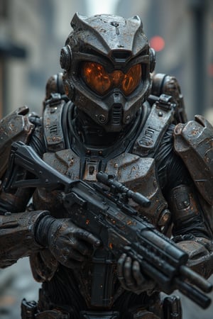 Ultra High quality image of an soldier in futuristic armor, he holds in his arms a futuristic firearm, perfect image for Mobile wallpaper, 16K, UHD, ((masterpiece)), ((best quality)), full image size, ((greatest of all time))