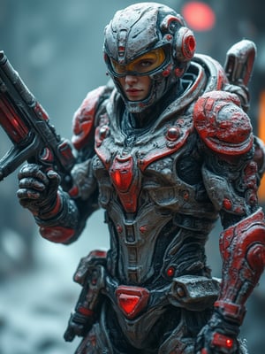 soldier in futuristic armor, he holds in his arms a futuristic pistol, snow camouflage armor, red and black armband, red visor, waeming system on armor, cold and frost background, full body, perfect image for Mobile wallpaper, 16K, UHD, ((masterpiece)), ((best quality)), full image size, ((greatest of all time))