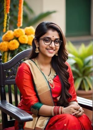 lovely cute young attractive indian teenage girl in a red Banarasi silk wedding saree with bridegarments, smile, wearing caps and glasses 18 years old, cute, an Instagram model, long bkack_hair, colorful hair, sitting on a Queen chair garden side winter, ,Indian, 