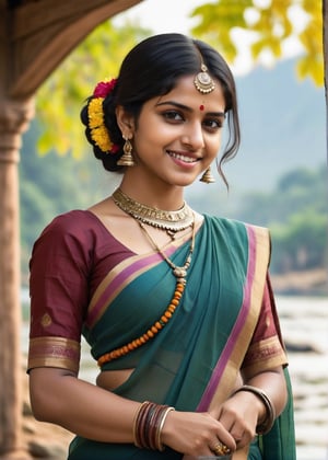 lovely cute young attractive indian teenage girl in a baha porob phuta saree saree,  smile, 18 years old, cute, an Instagram model, long black_hair, colorful hair, winter_clothes ,Indian,  Picture a charming 18-year-old Santali girl, adorned in the vibrant hues of a Baha Parab and Karam festival phuta saree. Standing beside the picturesque riverbanks of a serene village, she graces the scene with her captivating smile. The traditional motifs on her saree, depicting the essence of both festivals, come to life against the lush backdrop of abundant trees. In her hand, she holds a colorful pitcher, adding a touch of festivity to the tranquil setting. The natural beauty of the river, combined with the cultural richness embodied in her attire, creates a harmonious and enchanting scene.