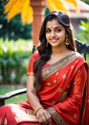 lovely cute young attractive indian teenage girl in a red Banarasi silk wedding saree, smile, 18 years old, cute, an Instagram model, long bkack_hair, colorful hair, sitting on a Queen chair garden side winter, ,Indian, 