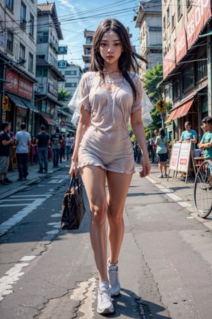 Exhibitionisme, A Pretty girl, beautiful black eyes, no makeup, detailed face, wearing transparent plastic cloak covered nude body, shiny skin, bare_legs, bare_breasts, BREAK. Full body view, Walking to viewer, BREAK. At Jakarta''s street, blurred crowd men, BREAK. Blurred Background Jakarta's Street At Morning, BREAK. Sun lighting, BREAK. long distance shot, full body shot BREAK, Tempting, Exciting, Extremely realistic, Extremely detailed, perfectly, proportional, UHD, 8k Resolution, masterpiece, RAW, depth of field BREAK,4nya