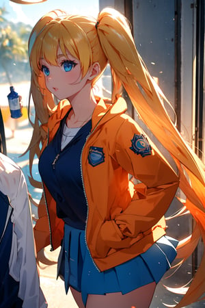 Tearju Lunatique stands out in the middle of the high school's bustling hallways, her very long blonde hair cascading like a golden waterfall down her back in a twintails tied at the end by a blue ribbon. Confidently, orange jacket, and short, skirt that accentuates her. The bright midday sun casts a warm glow on her bold lips and defined brows, while her large ocean blue eyes shine with determination. She walks confidently among the students, her slender figure and wide hips drawing attention to her captivating beauty. She has whiskers on her cheeks