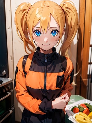 girl, cooking, roasted turkey, masterpiece, best quality, super detail,breakdomain, Naruko, Twintails, Long hair, Blonde, Blue eyes, Wiskers, Wiskers,Naruto, smile