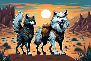 comic cartoon character funny samoyedo and husky  with a little pussy cat travelling in the desert, playful, ((details)),  ,  