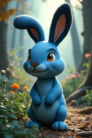 Big blue rabbit with black ears in a fantasy forest