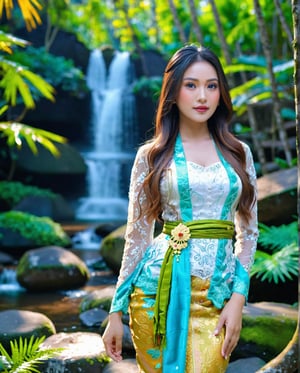 Create a photorealistic masterpiece of a beautiful woman with long hair wearing traditional Indonesian white kebaya attire. Set her against a dark, forest backdrop with a captivating glow in the background and bokeh effect. Ensure the image quality is 8K with ultra-realistic details.,kebaya
