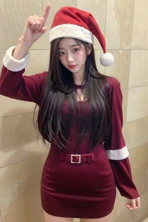 1girl, Take a photo wearing a Santa Claus costume,Red dress and hat, wearing red dress,Upper arms exposed