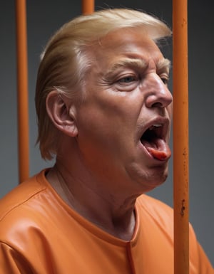 Profile of Donald Trump, big sausage in mouth,  dripping juce,  wearing orange prison jumpsuit.