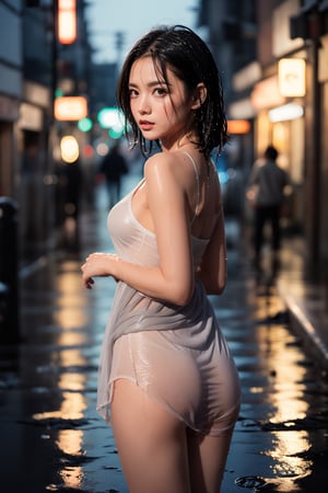 full silhouette, sexy, natural beauty, dark hair, photorealistic,REALISTIC,EveDumon, shown shoulders, short depth of field, blured lights on background, dark light, city light on background, neons, japanese characters, light rain, wet skin, city lights reflecting on puddles, small drops, no_clothes, wet,