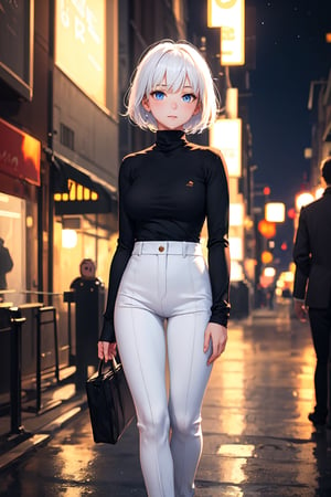 1girl, black shirt, turtleneck, white pants, short hair, white hair, blue eyes, full_length_portrait, standing, outdoor, (city:0.9), depth of field, night, light particles, light rays, sidelighting