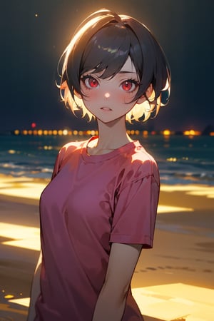 (masterpiece, best quality), highly detailed, 1girl, Pixie cut, red eyes, pink shirt, short sleeves, upper body, outside, sand, sea, night, night lighting, backlighting, eye-level shot