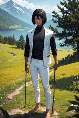 masterpiece, best quality, ultra detailed, highres, 1boy, dark skin, black hair, bob cut, shirt, black shirt, long sleeve, skinny pants, white pants, bare feet, standing, outdoor, grass, nature, mountains