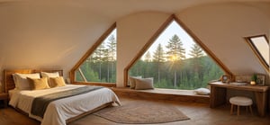 A cozy bedroom with soft, ambient lighting, featuring a unique triangle-shaped window overlooking a serene forest. The window lets in a warm, golden glow as the sun sets, casting intricate shadows on the wooden floor. The bed is adorned with plush, textured blankets and pillows, with a rustic wooden headboard. Soft, flowing curtains frame the triangle window, and a small plant sits on the windowsill, adding a touch of greenery. The room has a warm, earthy color palette, with detailed textures, high-quality rendering, 8k,360 View, 360