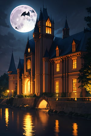 realistic, landscape, night, reflection, full moon, moonlight, rose, castle, shadow, darkness, bat \(animal\),