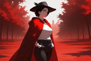 1girl, solo, mature female, pale skin, black hair, short hair, hat, lips, shirt, pants, cloak, standing, outdoors, red theme, depth of field, best quality, amazing quality, very aesthetic, best details, highres, score_9, score_8, score_7