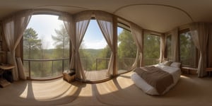 A cozy bedroom with a triangle-shaped window overlooking a serene forest, 360 View, 360, panorama, realism, 360全景