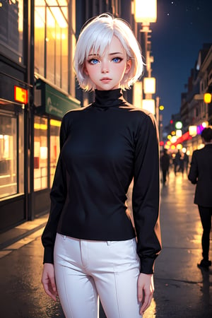 (realistic:1.3), 1girl, flat chest, black shirt, turtleneck, white pants, short hair, white hair, blue eyes, full_length_portrait, standing, outdoor, (city:0.9), depth of field, night