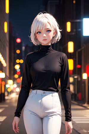 realistic, 1girl, flat chest, black shirt, turtleneck, white pants, short hair, white hair, blue eyes, full_length_portrait, standing, outdoor, (city:0.9), depth of field, night, light particles, light rays, sidelighting, masterpiece, best quality, ultra-detailed, 8K, highres