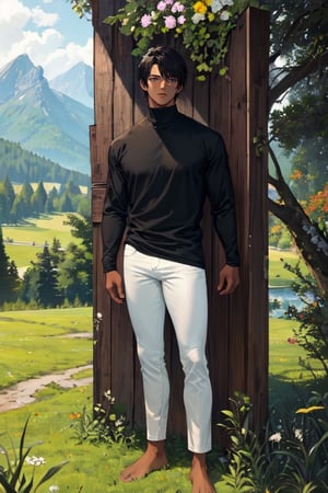 masterpiece, best quality, ultra detailed, highres, 1boy, dark skin, shirt, black shirt, long sleeve, skinny pants, white pants, bare feet, standing, outdoor, grass, nature, mountains